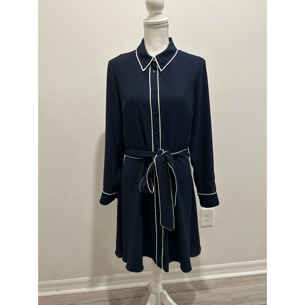 Lauren Ralph Lauren Navy Blue Contrast Piping Belted Shirt Dress Size 10 NEW
